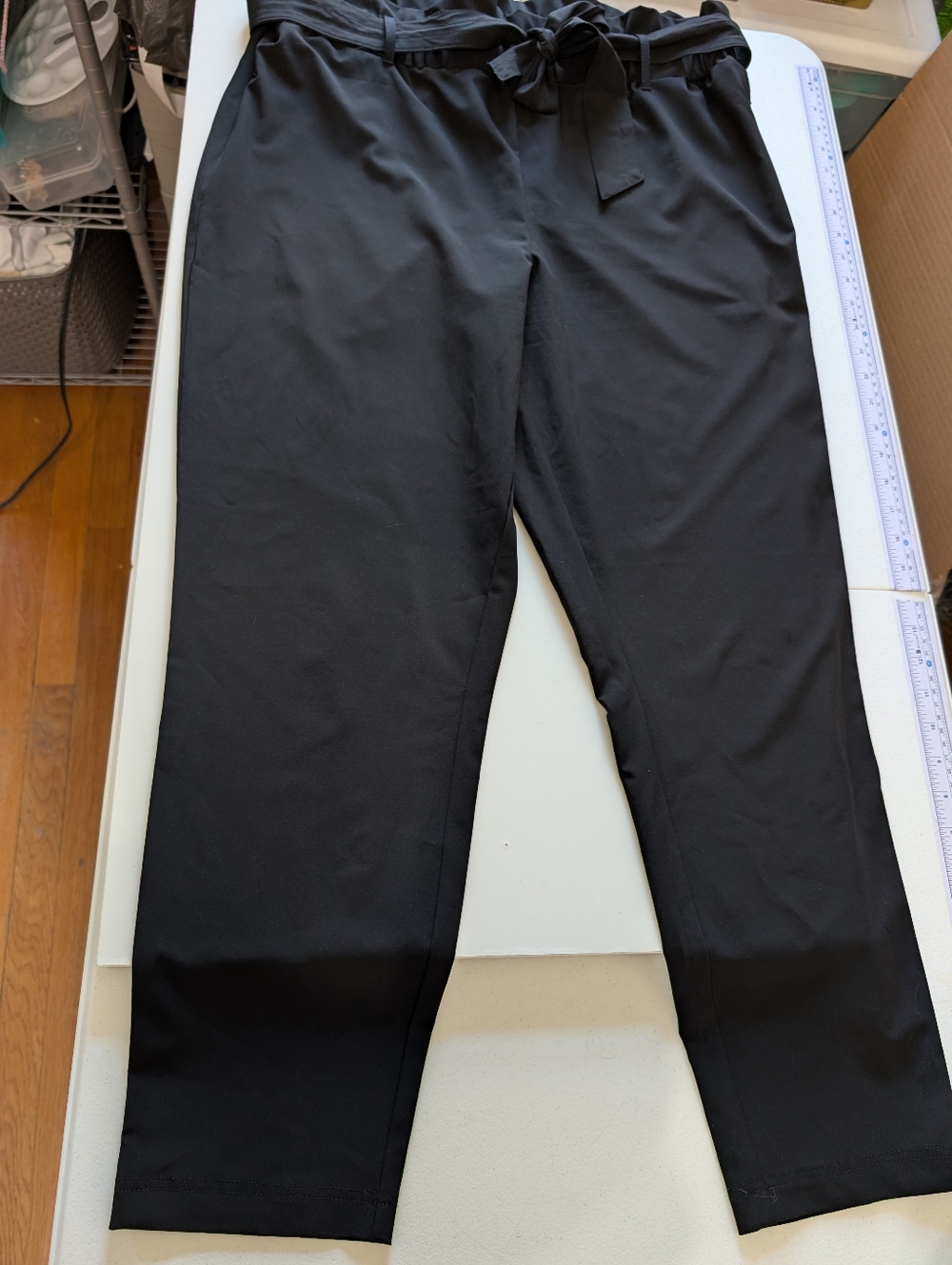 Black Paperbag Waist Pants Tie Belt High Waist Work Trousers Size Large